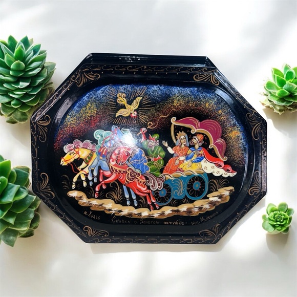 Antique RARE Signed Octagon Russian Lacquer Box Palekh Golden Rooster Fairytale